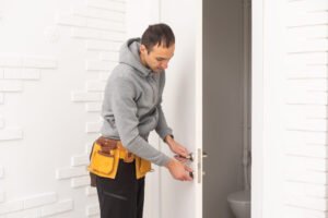 male workers carpenters installing interior door with a wooden frame at new luxury apartment.