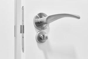 Metallic doorknob and bolt on a white wooden door. Detail