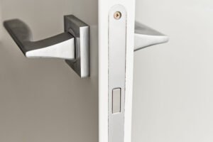Silver door handle on white door.  Furniture accesories, interior element