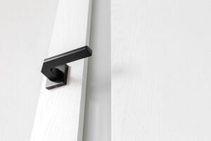 Stylish modern white door with anthracite door handle and minimalistic glass stripe